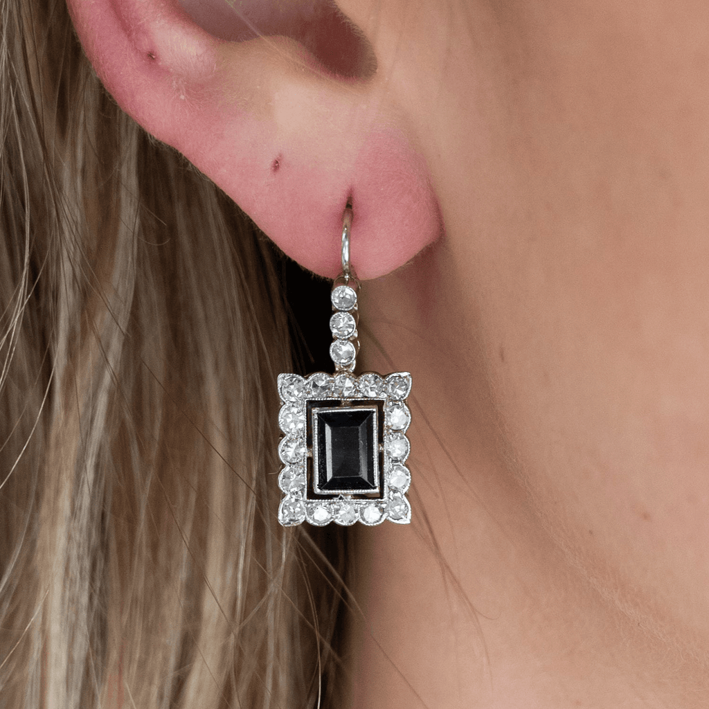 Vintage Halo Emerald Cut Blue Sapphire Drop Earrings For Women