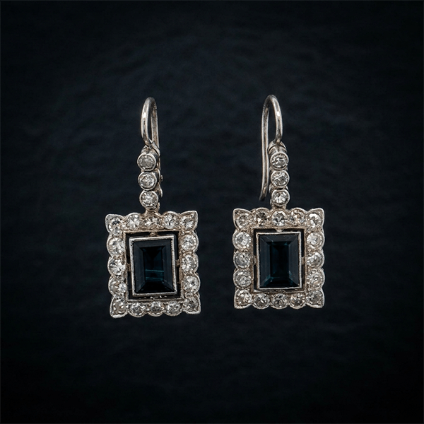 Vintage Halo Emerald Cut Blue Sapphire Drop Earrings For Women