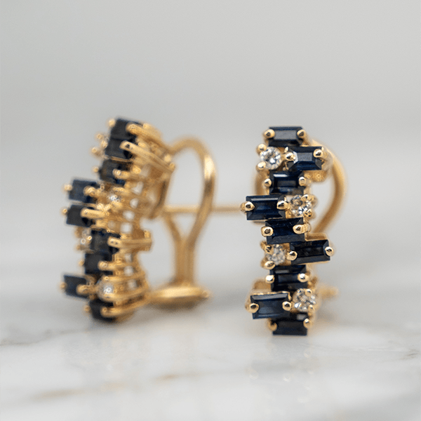 Cluster Design Yellow Gold Baguette Cut Blue Sapphire Stud Earrings For Women