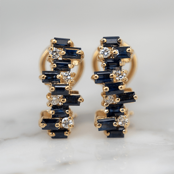 Cluster Design Yellow Gold Baguette Cut Blue Sapphire Stud Earrings For Women
