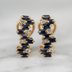 Cluster Design Yellow Gold Baguette Cut Blue Sapphire Stud Earrings For Women