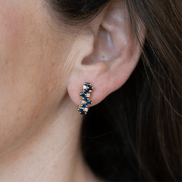 Cluster Design Yellow Gold Baguette Cut Blue Sapphire Stud Earrings For Women