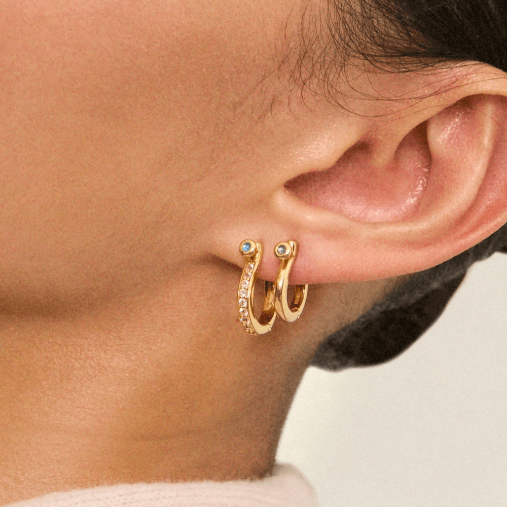 Horseshoe Design Yellow Gold Round Cut White & Blue Sapphire Hoop Earrings For Women