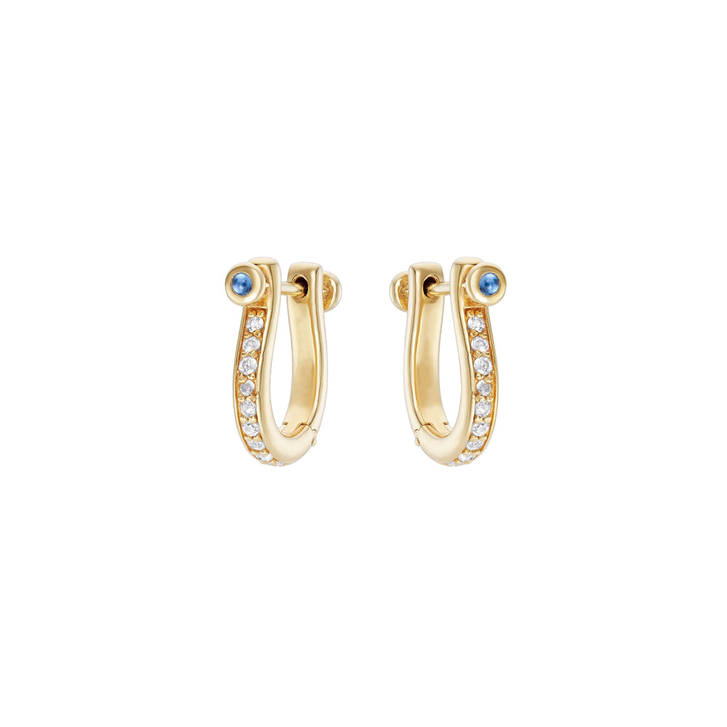 Horseshoe Design Yellow Gold Round Cut White & Blue Sapphire Hoop Earrings For Women