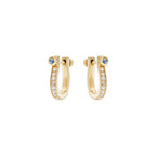 Horseshoe Design Yellow Gold Round Cut White & Blue Sapphire Hoop Earrings For Women