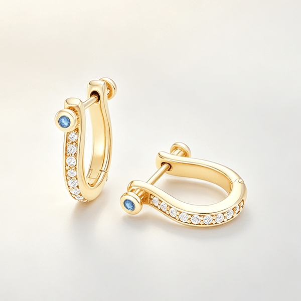 Horseshoe Design Yellow Gold Round Cut White & Blue Sapphire Hoop Earrings For Women