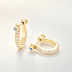 Horseshoe Design Yellow Gold Round Cut White & Blue Sapphire Hoop Earrings For Women