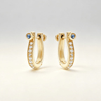 Horseshoe Design Yellow Gold Round Cut White & Blue Sapphire Hoop Earrings For Women