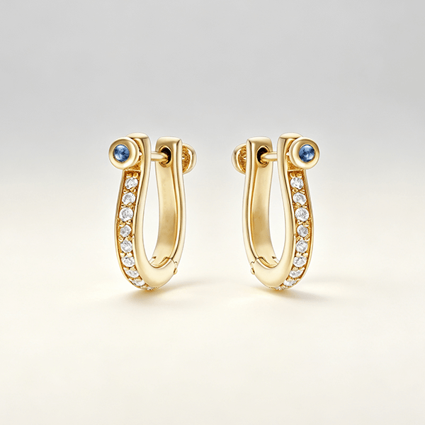 Horseshoe Design Yellow Gold Round Cut White & Blue Sapphire Hoop Earrings For Women