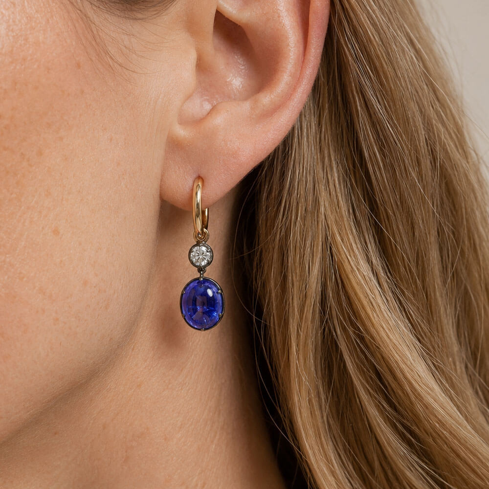Vintage Two Tone Oval Cabochon Cut Blue Sapphire Drop Earrings For Women