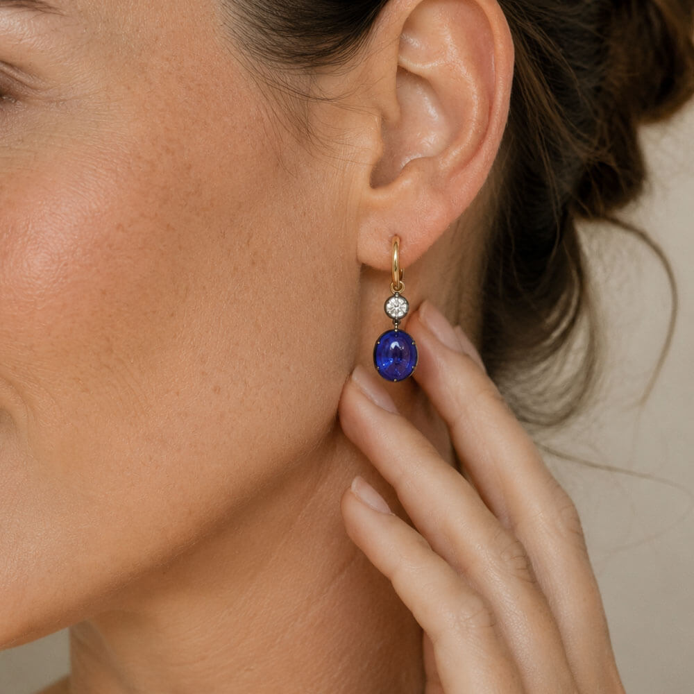 Vintage Two Tone Oval Cabochon Cut Blue Sapphire Drop Earrings For Women