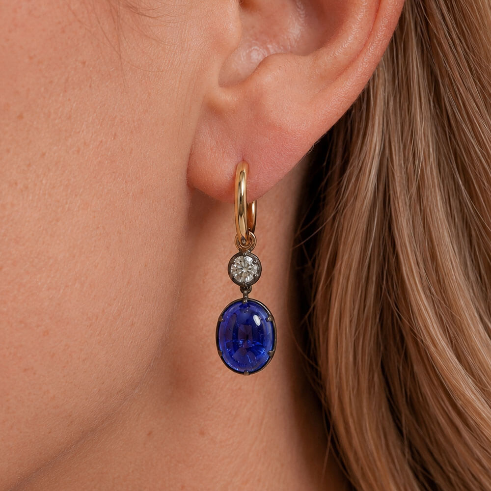 Vintage Two Tone Oval Cabochon Cut Blue Sapphire Drop Earrings For Women