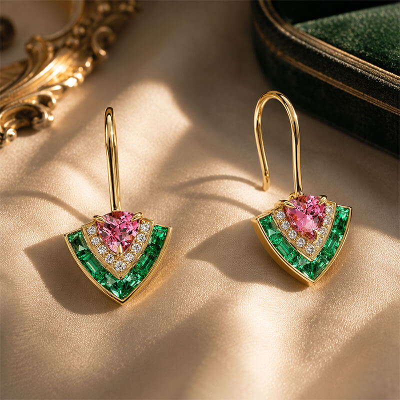 Unique Design Yellow Gold Trillion Cut Pink & Emerald Sapphire Drop Earrings For Women