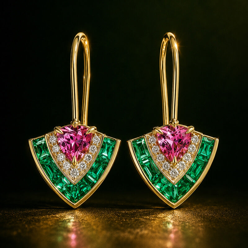 Unique Design Yellow Gold Trillion Cut Pink & Emerald Sapphire Drop Earrings For Women