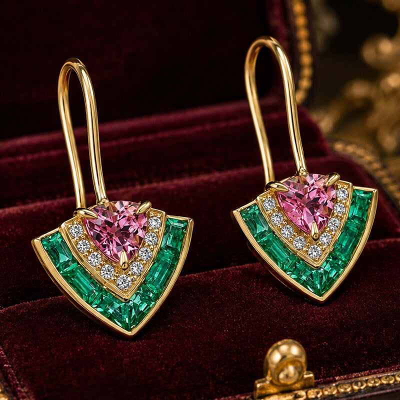 Unique Design Yellow Gold Trillion Cut Pink & Emerald Sapphire Drop Earrings For Women