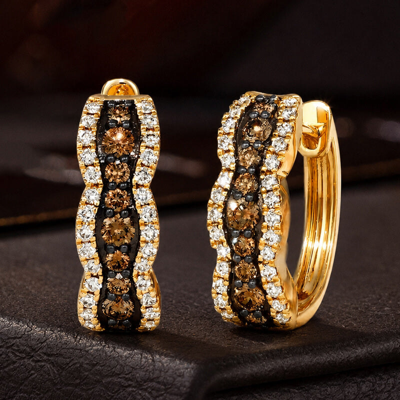 Luxury Jewelry Two Tone Triple Row Round Cut Brown Sapphire Hoop Earrings For Women