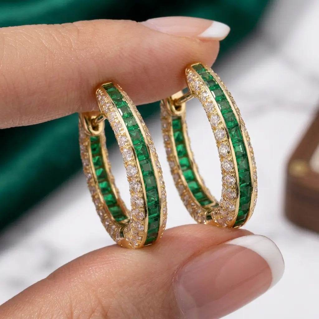 Channel Setting Yellow Gold Triple Row Baguette Cut Emerald Sapphire Hoop Earrings For Women