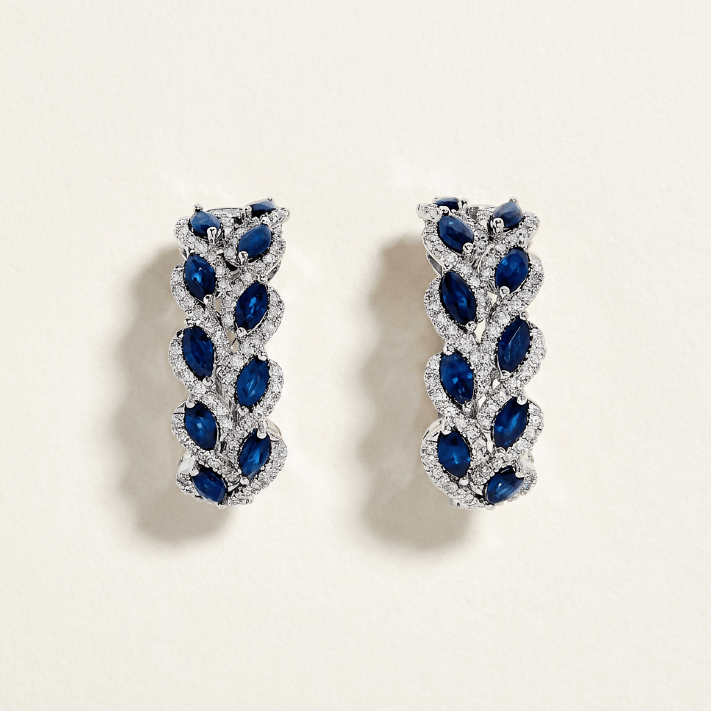 Leaf Motif Marquise Cut Blue Sapphire Hoop Earrings For Women