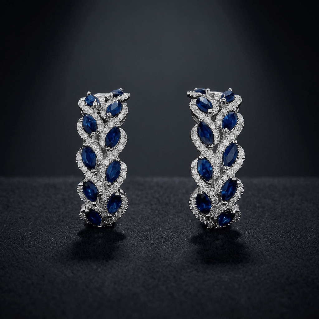 Leaf Motif Marquise Cut Blue Sapphire Hoop Earrings For Women