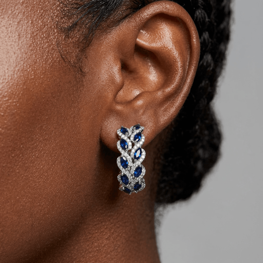 Leaf Motif Marquise Cut Blue Sapphire Hoop Earrings For Women