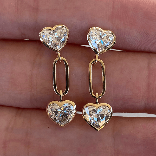 Unique Design Yellow Gold Bezel Heart Cut White Sapphire Link Drop Earrings For Women