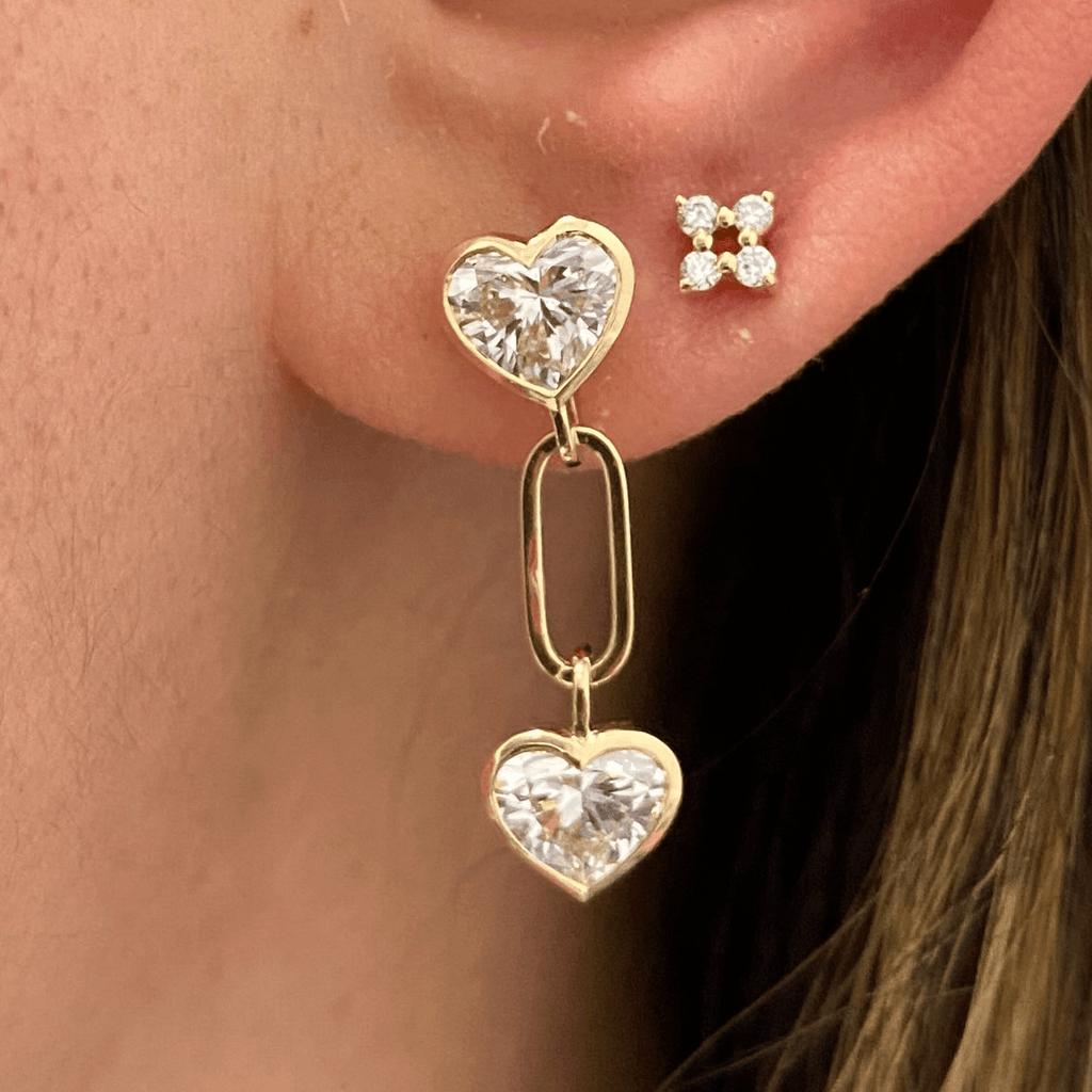 Unique Design Yellow Gold Bezel Heart Cut White Sapphire Link Drop Earrings For Women