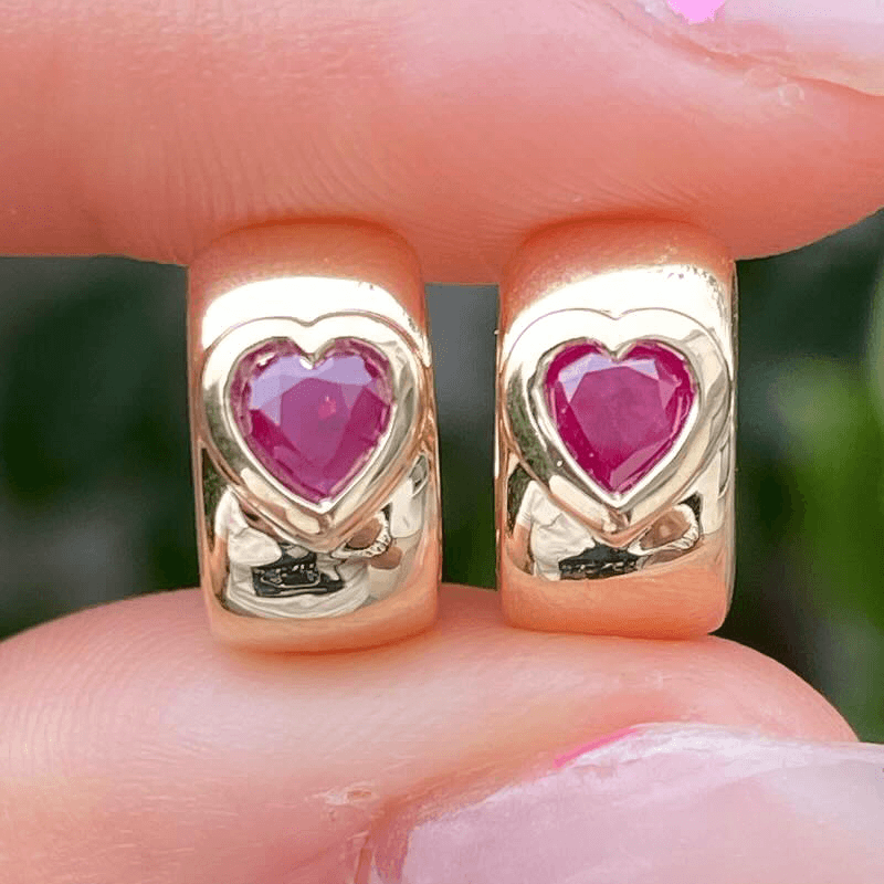 Classic Yellow Gold Bezel Solitaire Heart Cut Ruby Sapphire Hoop Earrings For Women