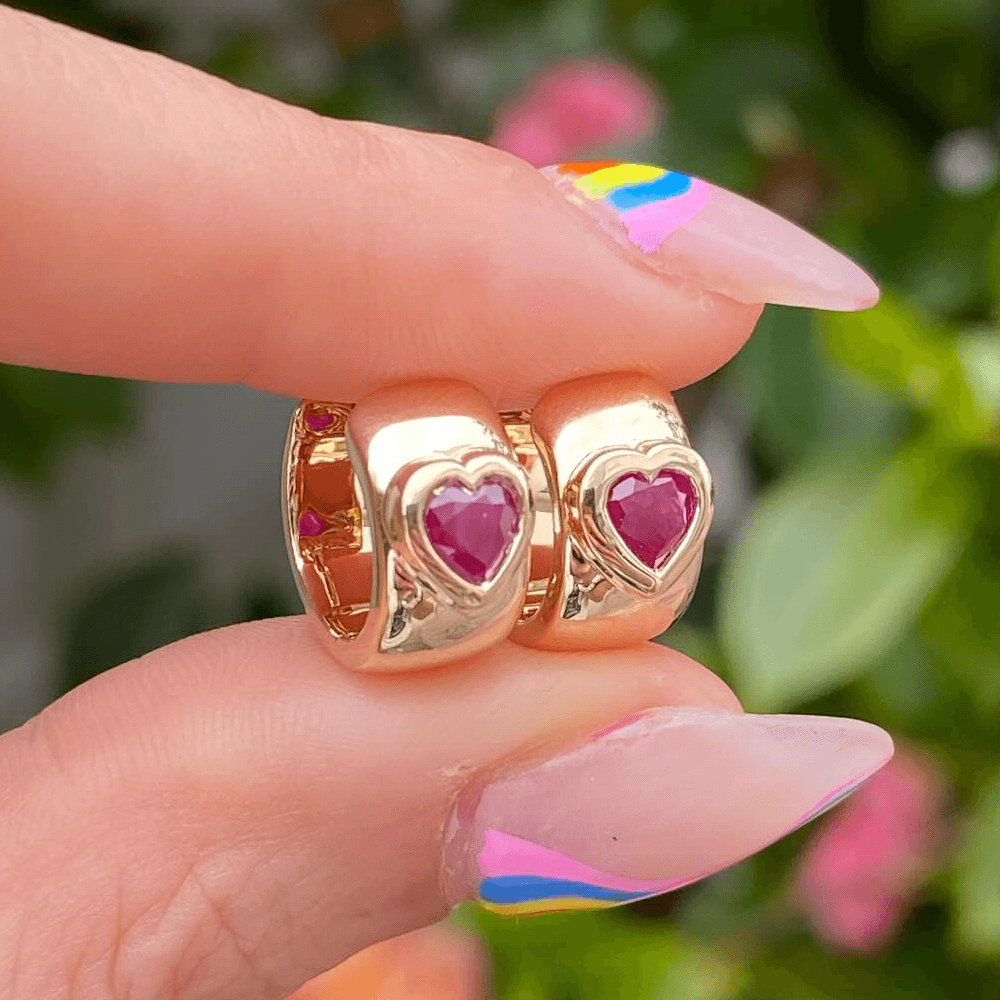 Classic Yellow Gold Bezel Solitaire Heart Cut Ruby Sapphire Hoop Earrings For Women