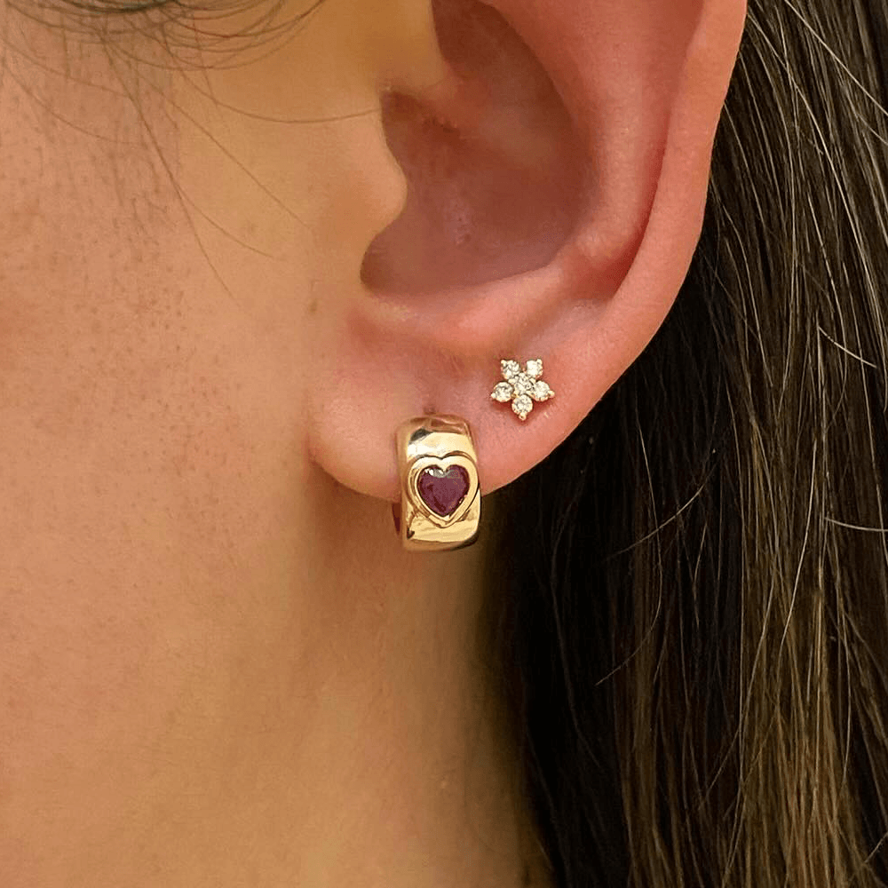 Classic Yellow Gold Bezel Solitaire Heart Cut Ruby Sapphire Hoop Earrings For Women