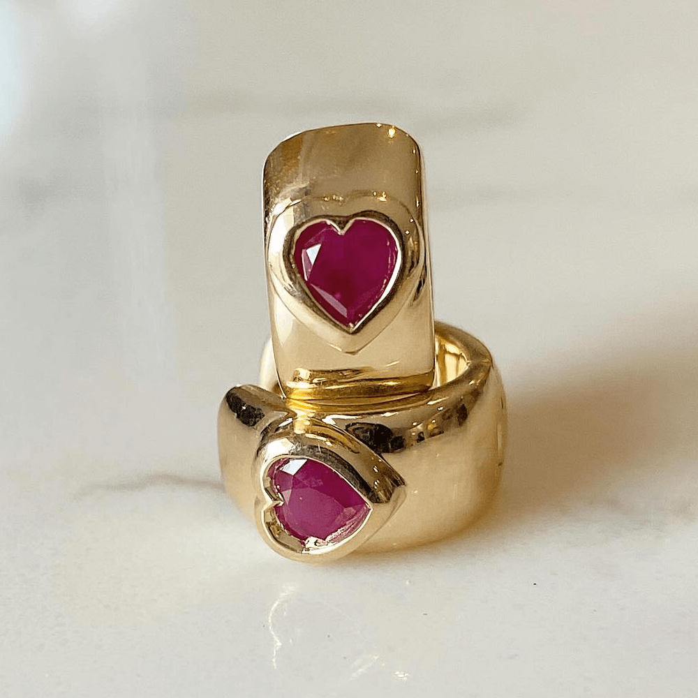 Classic Yellow Gold Bezel Solitaire Heart Cut Ruby Sapphire Hoop Earrings For Women
