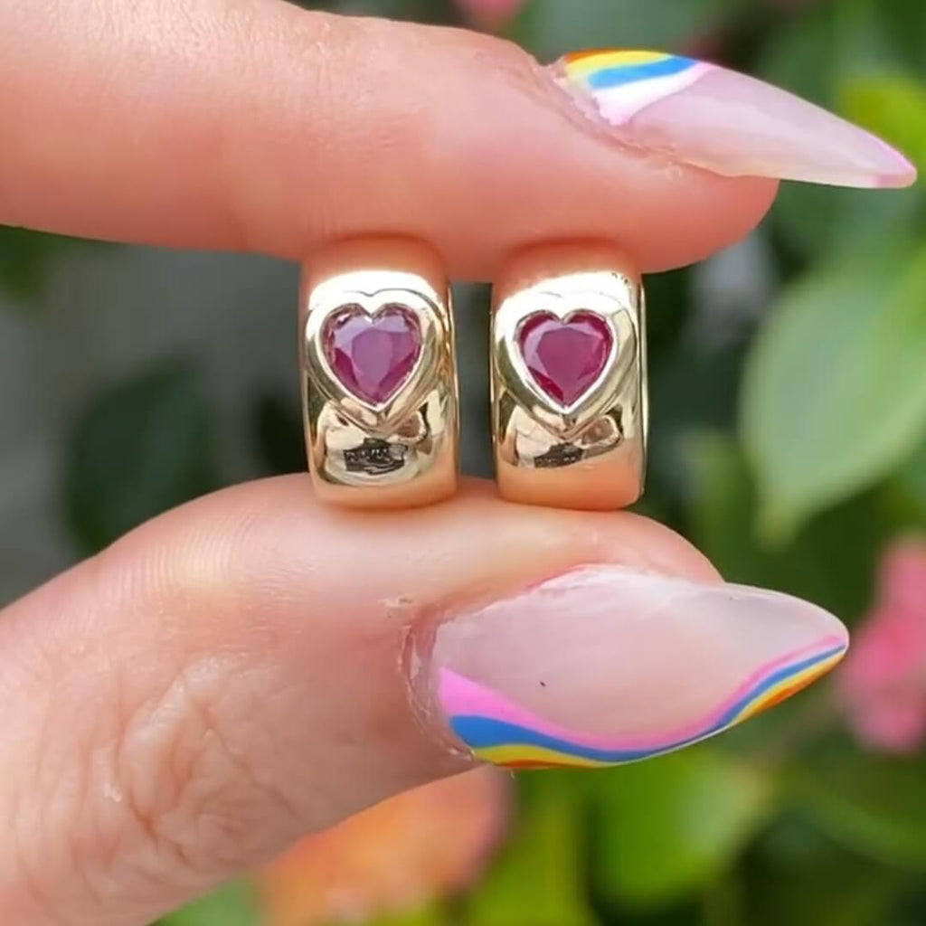 Classic Yellow Gold Bezel Solitaire Heart Cut Ruby Sapphire Hoop Earrings For Women