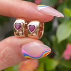 Classic Yellow Gold Bezel Solitaire Heart Cut Ruby Sapphire Hoop Earrings For Women