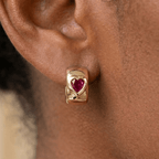 Classic Yellow Gold Bezel Solitaire Heart Cut Ruby Sapphire Hoop Earrings For Women
