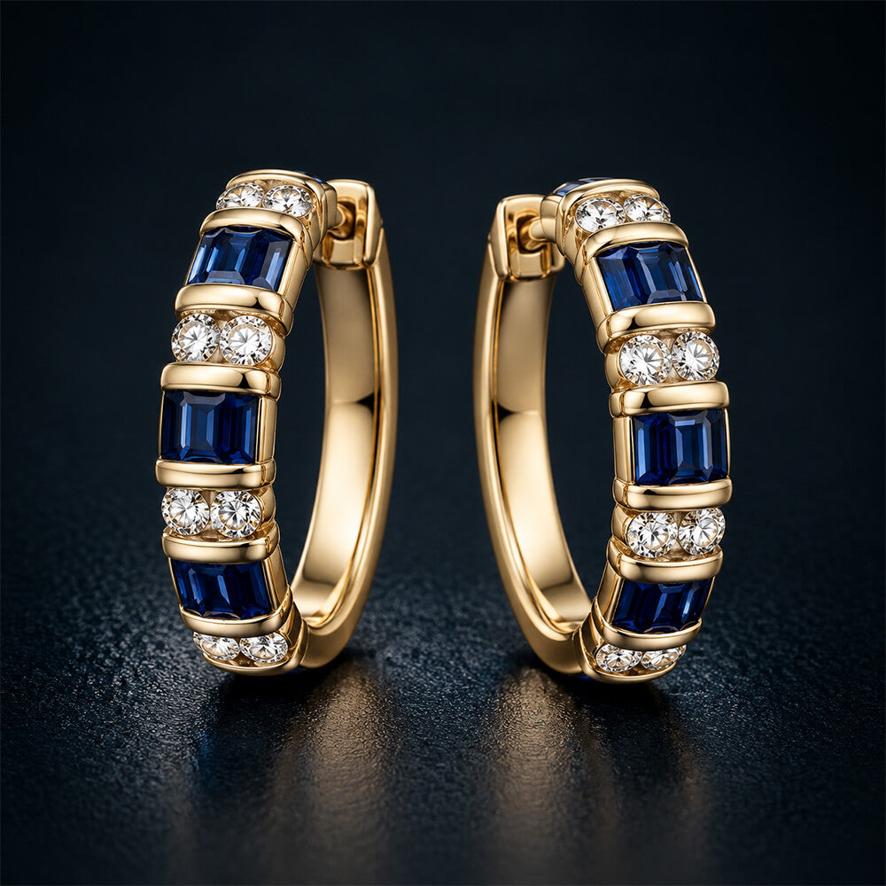Luxury Jewelry Vintage Vertical Channel Baguette & Round Cut Blue & White Sapphire Hoop Earring For Women