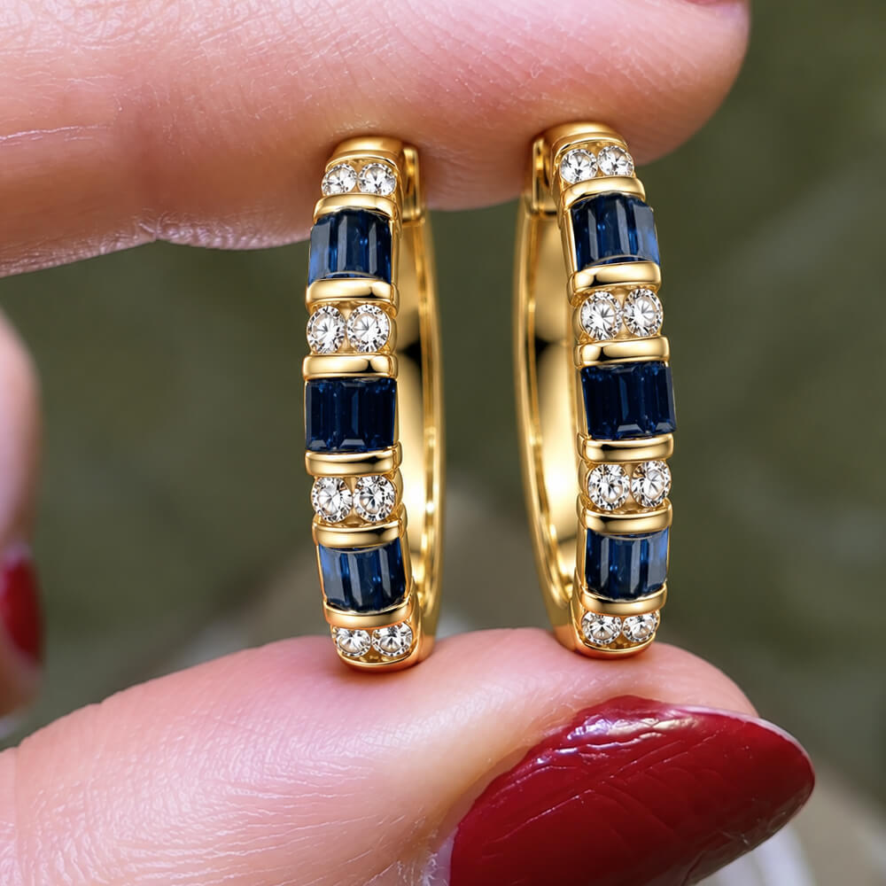 Luxury Jewelry Vintage Vertical Channel Baguette & Round Cut Blue & White Sapphire Hoop Earring For Women