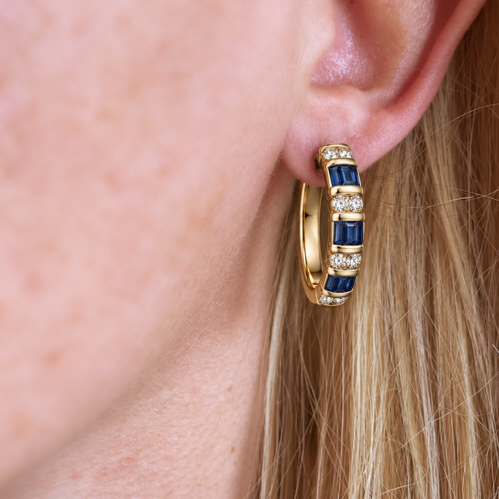 Luxury Jewelry Vintage Vertical Channel Baguette & Round Cut Blue & White Sapphire Hoop Earring For Women