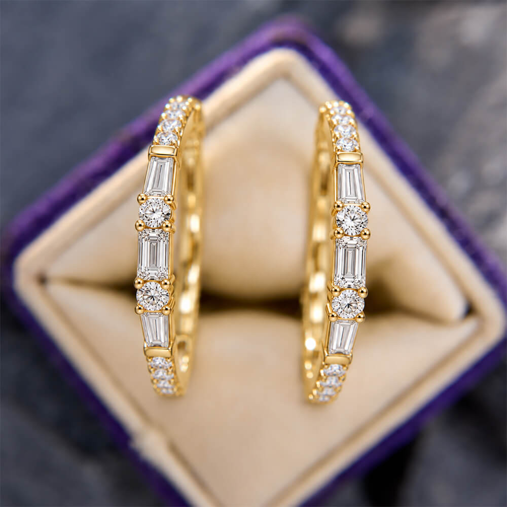 Classic Yellow Gold Baguette & Round Cut White Sapphire Hoop Earrings For Women