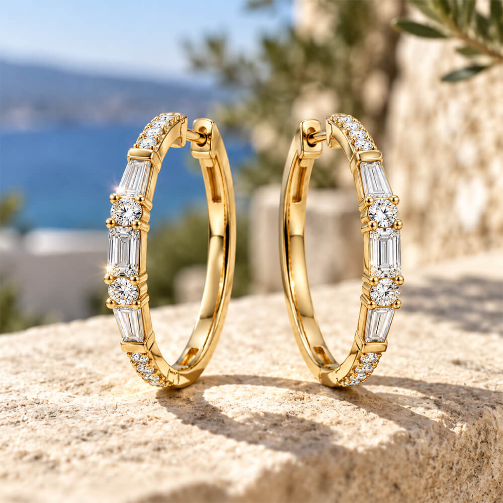 Classic Yellow Gold Baguette & Round Cut White Sapphire Hoop Earrings For Women