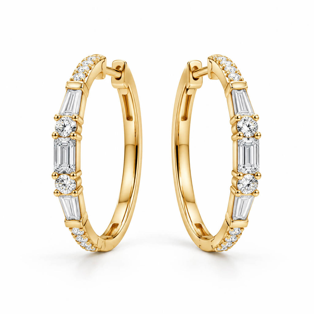 Classic Yellow Gold Baguette & Round Cut White Sapphire Hoop Earrings For Women