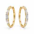 Classic Yellow Gold Baguette & Round Cut White Sapphire Hoop Earrings For Women