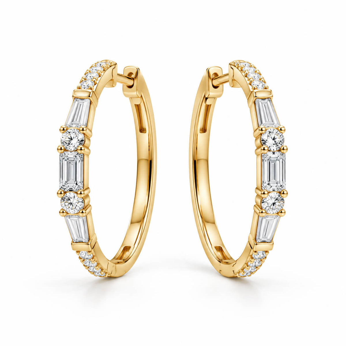 Classic Yellow Gold Baguette & Round Cut White Sapphire Hoop Earrings For Women