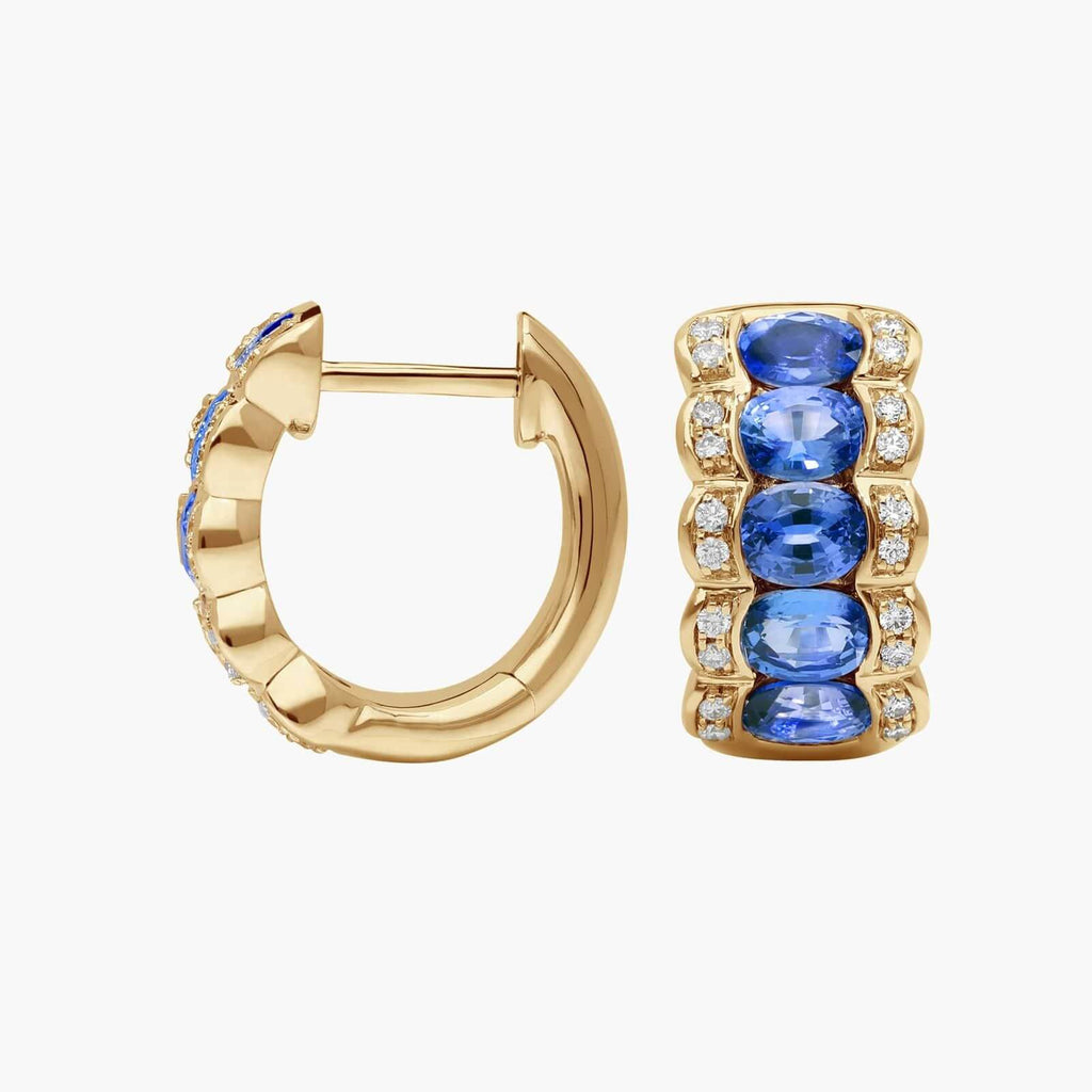 Triple Row Yellow Gold Oval Cut Blue Sapphire Hoop Earrings For Women