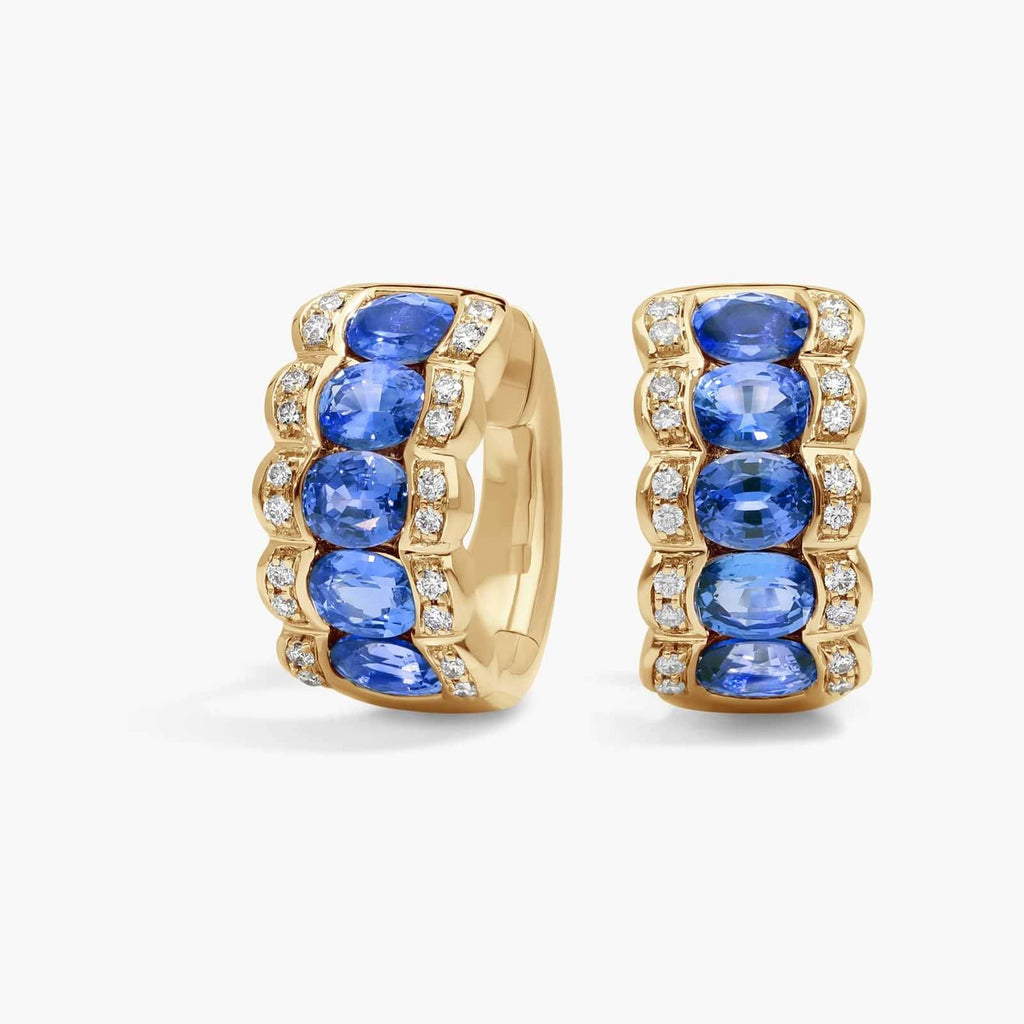 Triple Row Yellow Gold Oval Cut Blue Sapphire Hoop Earrings For Women