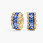Triple Row Yellow Gold Oval Cut Blue Sapphire Hoop Earrings For Women