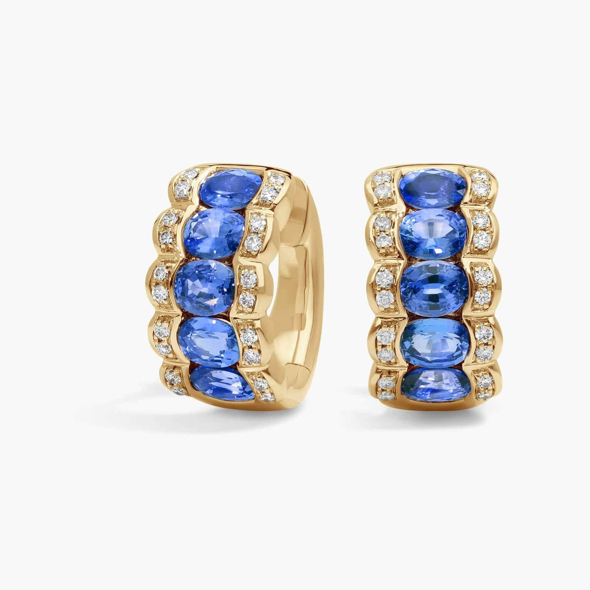 Triple Row Yellow Gold Oval Cut Blue Sapphire Hoop Earrings For Women