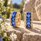 Triple Row Yellow Gold Oval Cut Blue Sapphire Hoop Earrings For Women