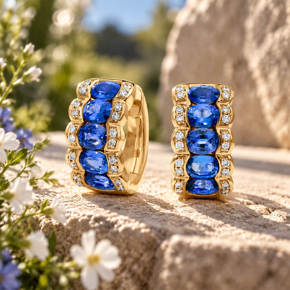 Triple Row Yellow Gold Oval Cut Blue Sapphire Hoop Earrings For Women
