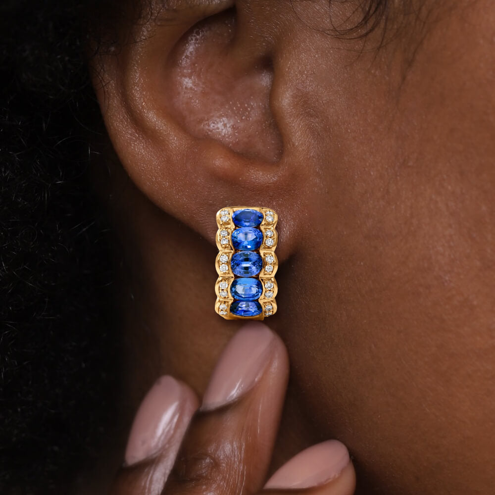 Triple Row Yellow Gold Oval Cut Blue Sapphire Hoop Earrings For Women