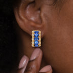 Triple Row Yellow Gold Oval Cut Blue Sapphire Hoop Earrings For Women