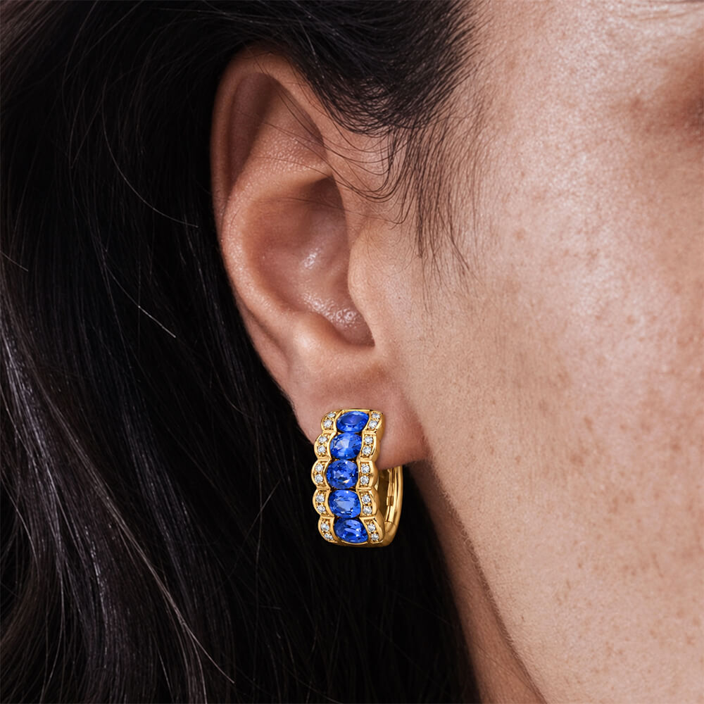 Triple Row Yellow Gold Oval Cut Blue Sapphire Hoop Earrings For Women
